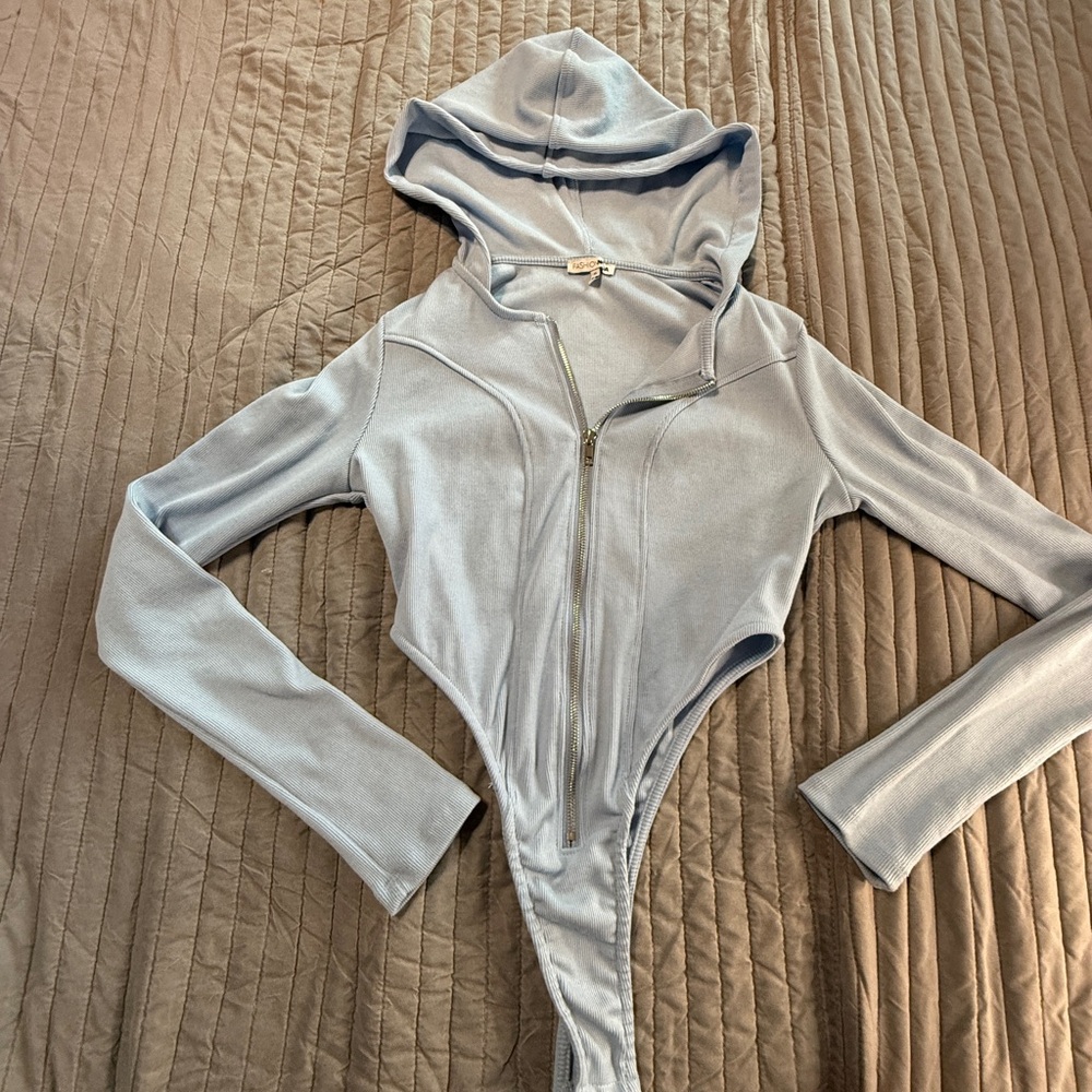 Fashion Nova Kids Sky Blue Hooded Bodysuit